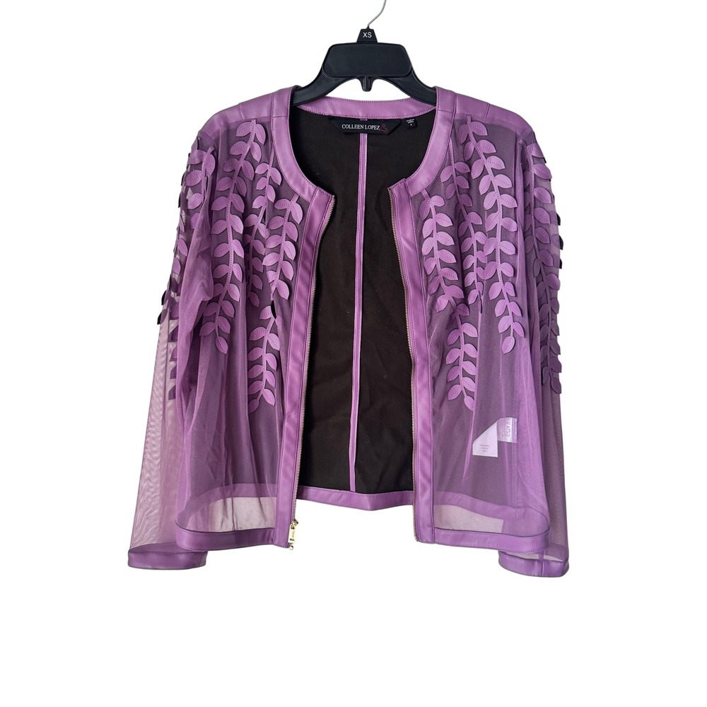 Colleen Lopez Purple Faux Leather Mesh Leaf Applique Zip Front Jacket Small
